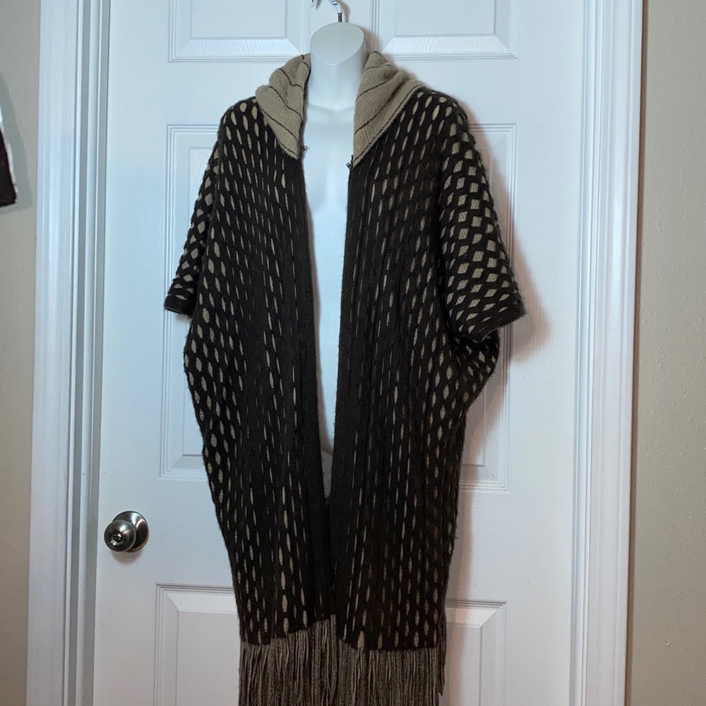 Women’s Max Edition Fringe Open Hoodie Cardigan Knit Cape L/XL Brown Tan